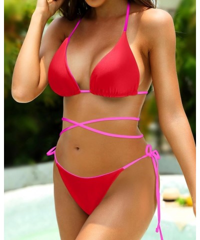 Women's Reversible Bikini Set Cheeky Two Piece Swimsuit Brazilian String Sexy Halter Bathing Suits Strappy Swimwear Red&pink ...