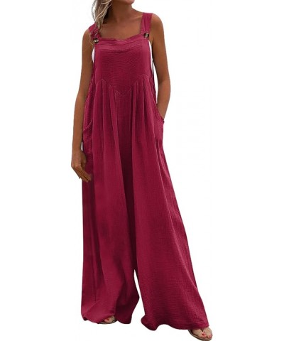 Women Casual Loose Long Bib Pants Patchwork Wide Leg Jumpsuits Baggy Linen Rompers Summer Overalls with Pockets M44-wine $24....