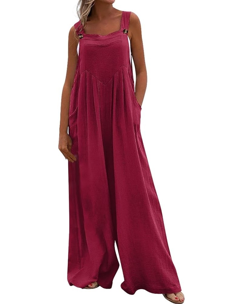 Women Casual Loose Long Bib Pants Patchwork Wide Leg Jumpsuits Baggy Linen Rompers Summer Overalls with Pockets M44-wine $24....