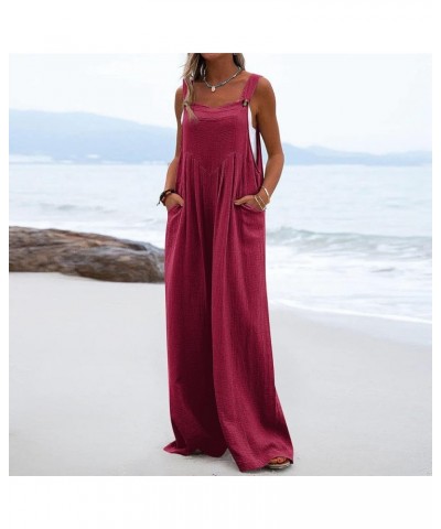 Women Casual Loose Long Bib Pants Patchwork Wide Leg Jumpsuits Baggy Linen Rompers Summer Overalls with Pockets M44-wine $24....