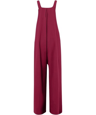 Women Casual Loose Long Bib Pants Patchwork Wide Leg Jumpsuits Baggy Linen Rompers Summer Overalls with Pockets M44-wine $24....