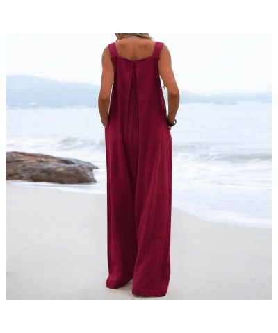 Women Casual Loose Long Bib Pants Patchwork Wide Leg Jumpsuits Baggy Linen Rompers Summer Overalls with Pockets M44-wine $24....