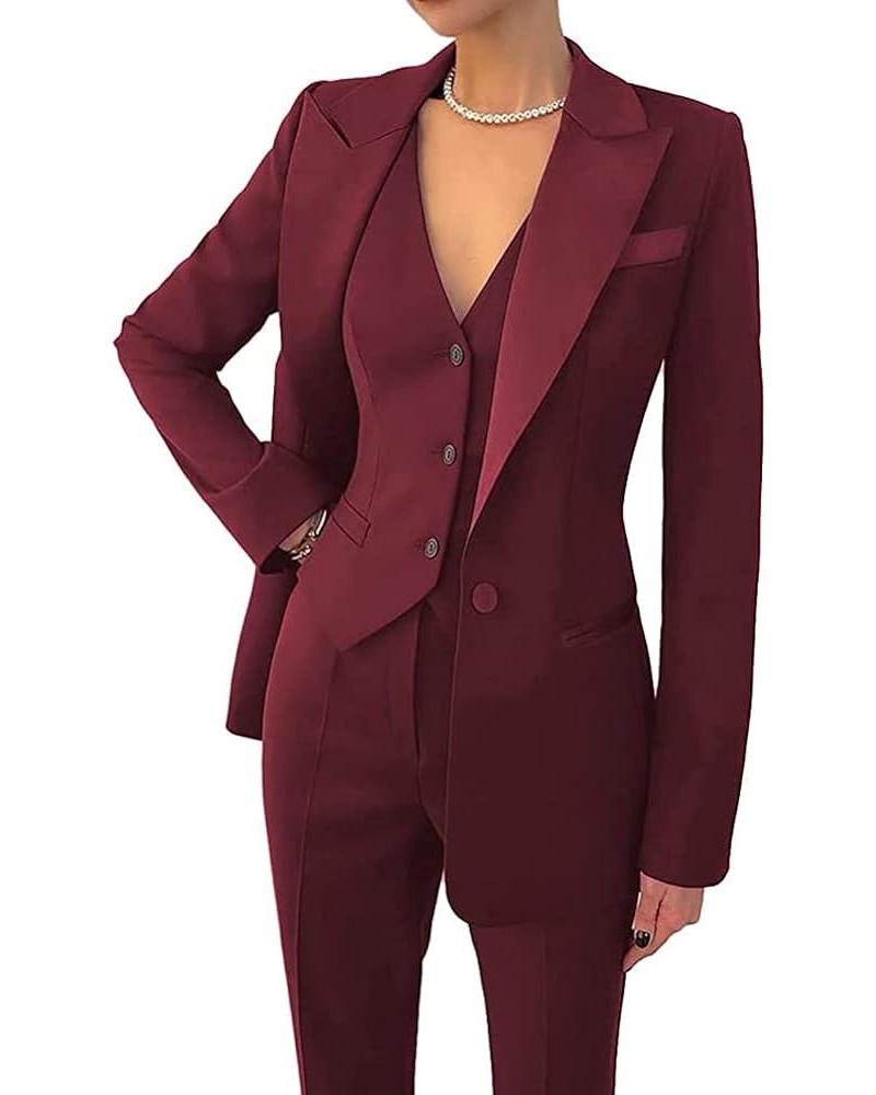 Women's 3 Piece Suits Blazer Coat Notched Lapel Jacket for Work Set Casual Office Lady Business Suit Set with Pockets Burgund...