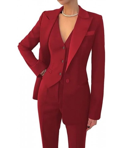 Women's 3 Piece Suits Blazer Coat Notched Lapel Jacket for Work Set Casual Office Lady Business Suit Set with Pockets Burgund...