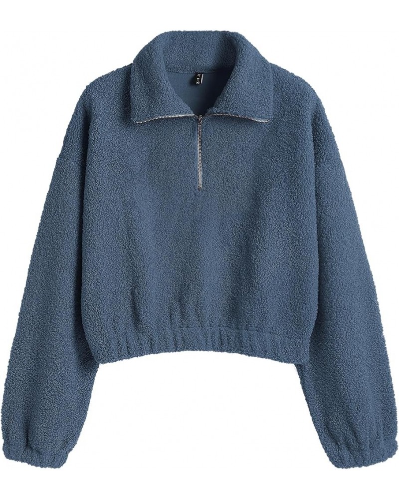 ZAFUL Women's Faux Fur Pullover Half Zip Long Sleeve Crop Sweatshirt Tops 2-blue $15.64 Hoodies & Sweatshirts