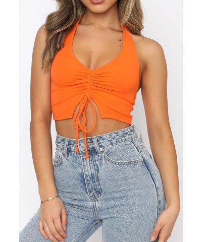 Women's Ruffle Sleeveless Tie Up Back Linen Crop Top 0103-orange $13.99 Tanks