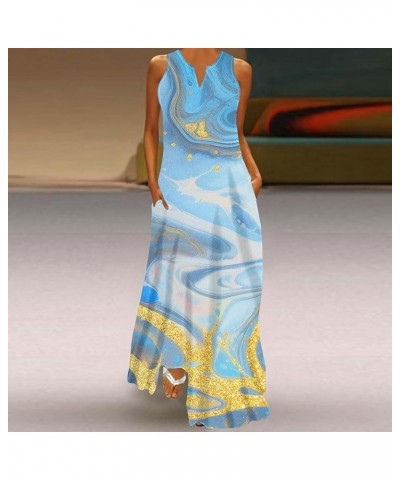 2024 Summer Women's Casual Loose Elegant Maxi Long Dress Sleeveless Trendy Dye Printing Loose Beach Sundress Pockets Blue 03 ...