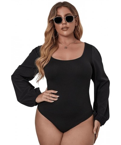 Women's Plus Size Bishop Long Sleeve Scoop Neck Bodysuit Casual Tops Black $16.56 Lingerie