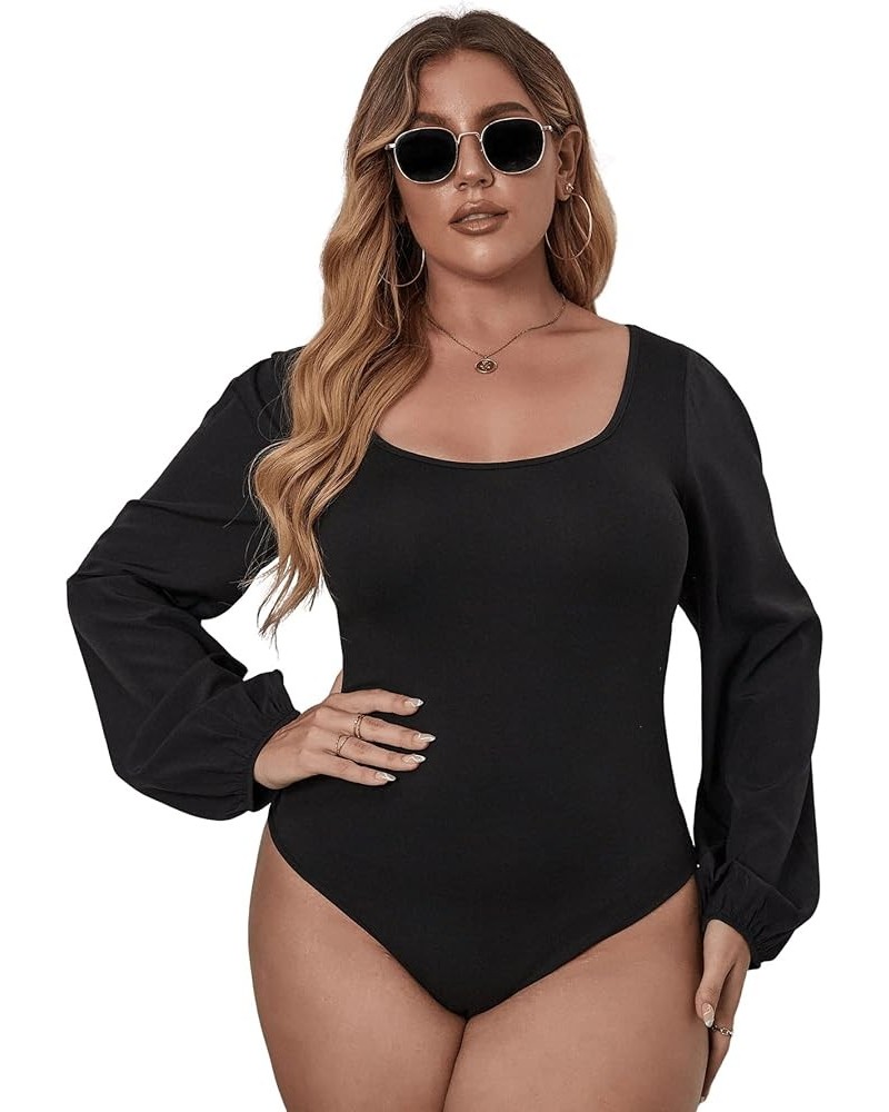 Women's Plus Size Bishop Long Sleeve Scoop Neck Bodysuit Casual Tops Black $16.56 Lingerie