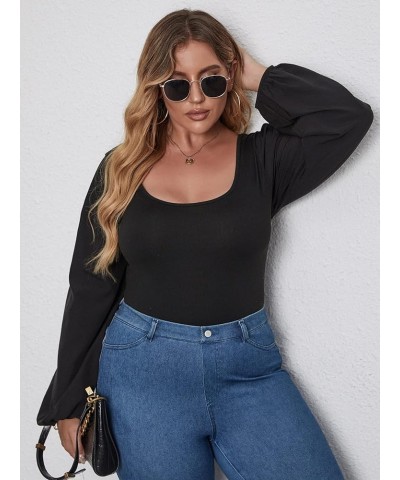 Women's Plus Size Bishop Long Sleeve Scoop Neck Bodysuit Casual Tops Black $16.56 Lingerie