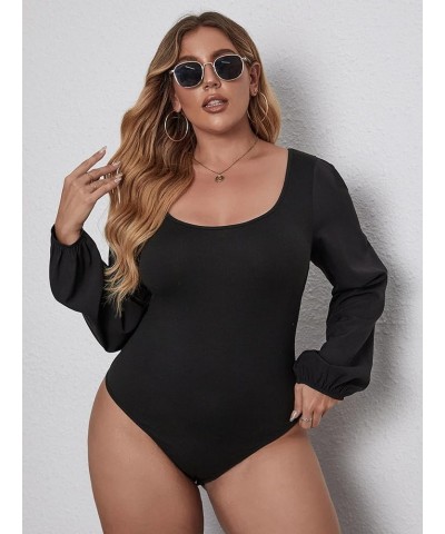 Women's Plus Size Bishop Long Sleeve Scoop Neck Bodysuit Casual Tops Black $16.56 Lingerie