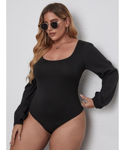 Women's Plus Size Bishop Long Sleeve Scoop Neck Bodysuit Casual Tops Black $16.56 Lingerie