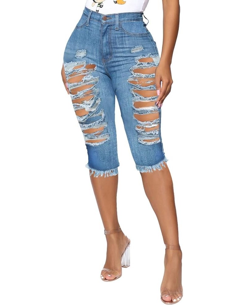 WUAI Bermuda Shorts for Women Knee Length Biker Denim Shorts Distressed Stretchy Curvy Ripped Jeans Shorts Plus Size Light Bl...