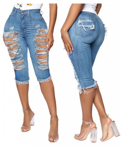 WUAI Bermuda Shorts for Women Knee Length Biker Denim Shorts Distressed Stretchy Curvy Ripped Jeans Shorts Plus Size Light Bl...