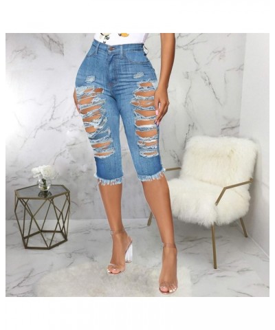 WUAI Bermuda Shorts for Women Knee Length Biker Denim Shorts Distressed Stretchy Curvy Ripped Jeans Shorts Plus Size Light Bl...