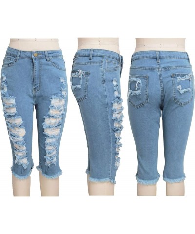 WUAI Bermuda Shorts for Women Knee Length Biker Denim Shorts Distressed Stretchy Curvy Ripped Jeans Shorts Plus Size Light Bl...