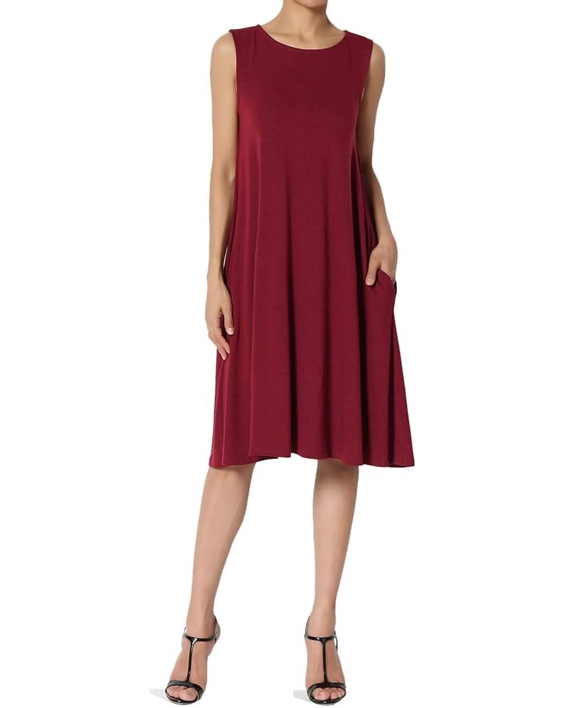 Women's Basic Sleeveless Crew Neck Knee Length A-Line Jersey Pocket Swing Dress Burgundy $10.29 Dresses