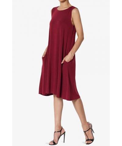 Women's Basic Sleeveless Crew Neck Knee Length A-Line Jersey Pocket Swing Dress Burgundy $10.29 Dresses