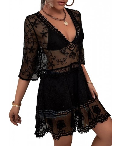 Women's Short Sleeve Plunging Beach Cover Up Dress Swimsuit Cover Up Black D $19.10 Swimsuits