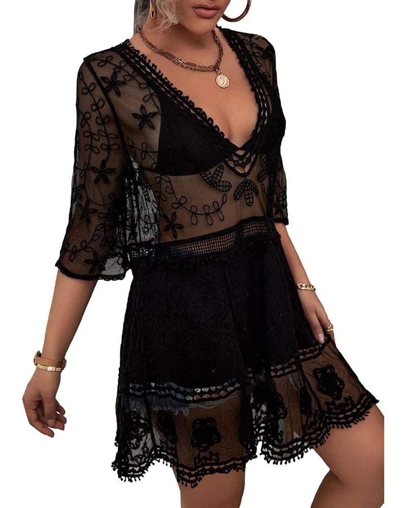 Women's Short Sleeve Plunging Beach Cover Up Dress Swimsuit Cover Up Black D $19.10 Swimsuits