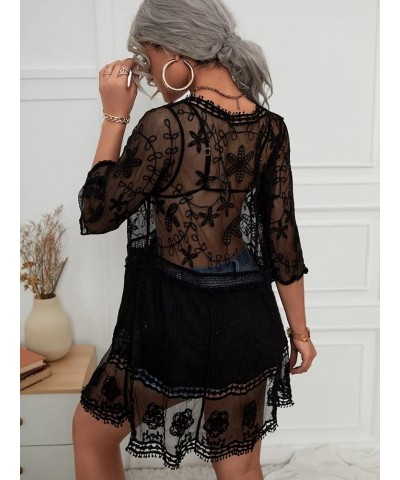 Women's Short Sleeve Plunging Beach Cover Up Dress Swimsuit Cover Up Black D $19.10 Swimsuits