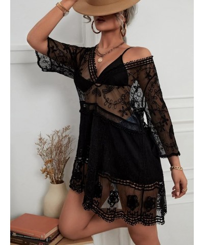 Women's Short Sleeve Plunging Beach Cover Up Dress Swimsuit Cover Up Black D $19.10 Swimsuits