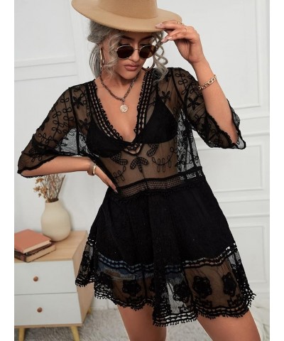 Women's Short Sleeve Plunging Beach Cover Up Dress Swimsuit Cover Up Black D $19.10 Swimsuits