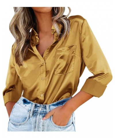 Satin Shirts for Womens 2024 Trendy Plus Size Long Sleeve Office Work Blouse Casual Loose Solid Button Down Lapel Tops Yellow...