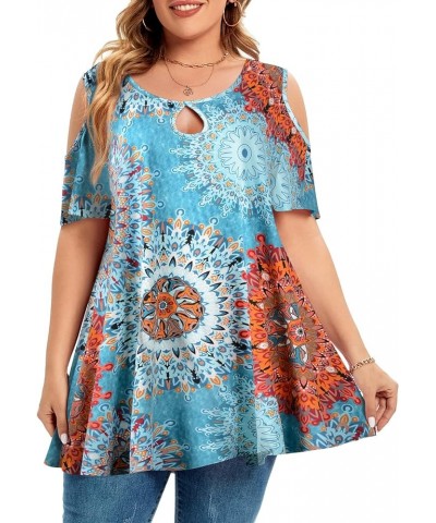 Plus Size Cold Shoulder Tops For Women Sexy Ruffle Short Sleeve Tunic Flower37 $17.99 Tops