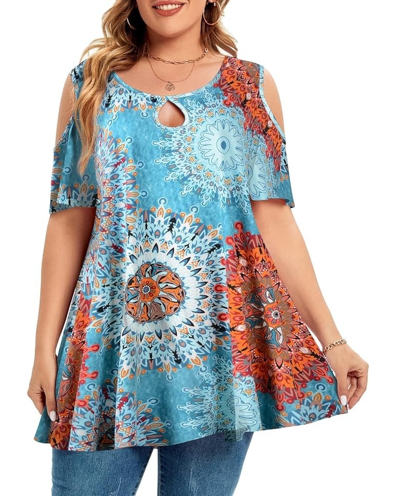 Plus Size Cold Shoulder Tops For Women Sexy Ruffle Short Sleeve Tunic Flower37 $17.99 Tops