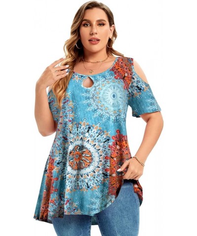 Plus Size Cold Shoulder Tops For Women Sexy Ruffle Short Sleeve Tunic Flower37 $17.99 Tops