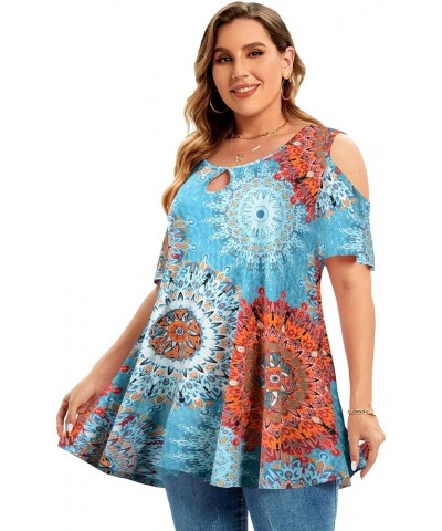 Plus Size Cold Shoulder Tops For Women Sexy Ruffle Short Sleeve Tunic Flower37 $17.99 Tops