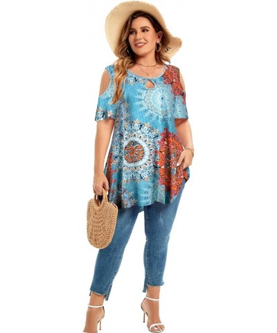 Plus Size Cold Shoulder Tops For Women Sexy Ruffle Short Sleeve Tunic Flower37 $17.99 Tops