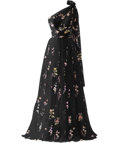 Tulle Long Prom Dresses Flower Embroidery Floor Length A-Line Formal Evening Party Gowns C-black $29.40 Dresses