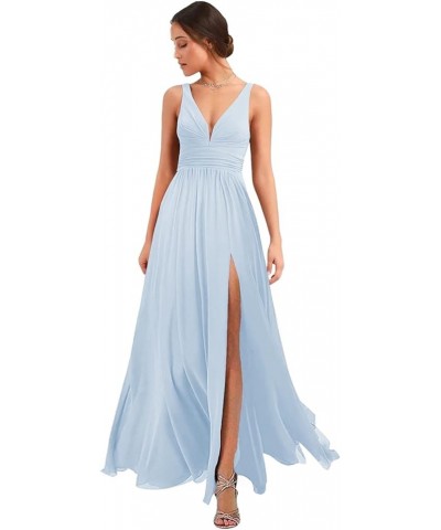 Women's Deep V Neck Bridesmaid Dresses with Slit 2023 Chiffon Pleats A Line Formal Party Dresses with Pockets YJ120 Baby Blue...