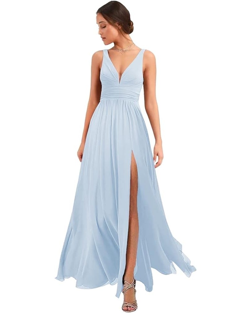 Women's Deep V Neck Bridesmaid Dresses with Slit 2023 Chiffon Pleats A Line Formal Party Dresses with Pockets YJ120 Baby Blue...