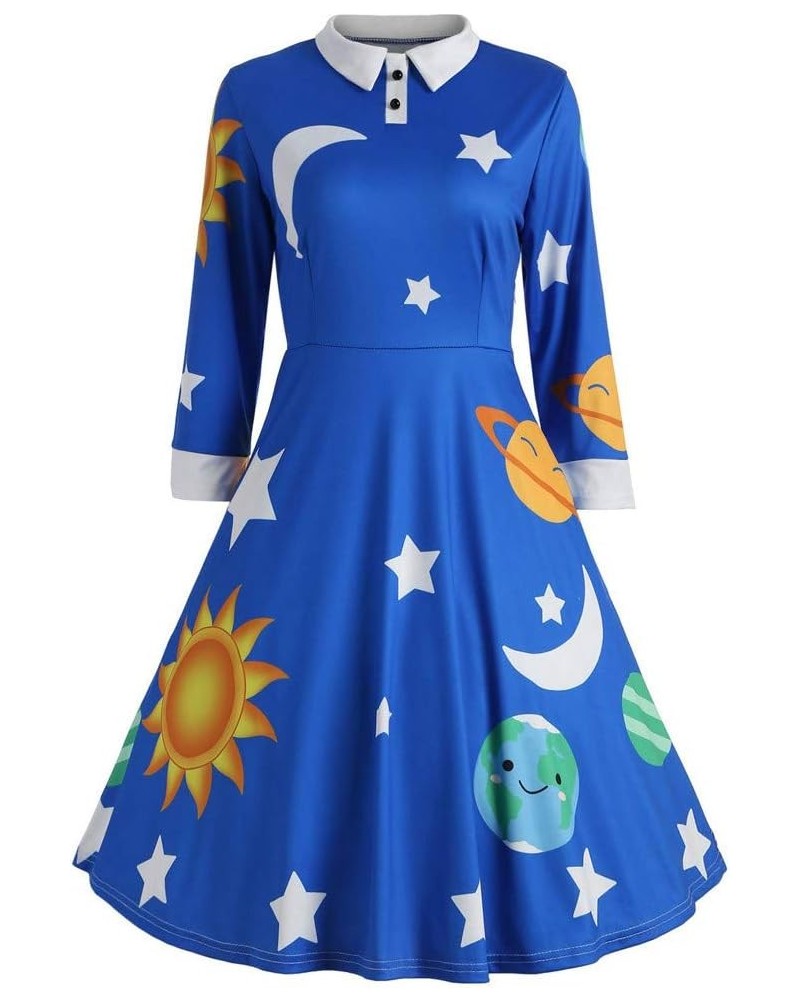 Halloween Vintage Peter Pan Dress for Girls Party Dresses Sun Moon Star Print Long Sleeve Flare Turn-Down Collar 010-blue $14...