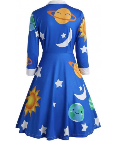 Halloween Vintage Peter Pan Dress for Girls Party Dresses Sun Moon Star Print Long Sleeve Flare Turn-Down Collar 010-blue $14...