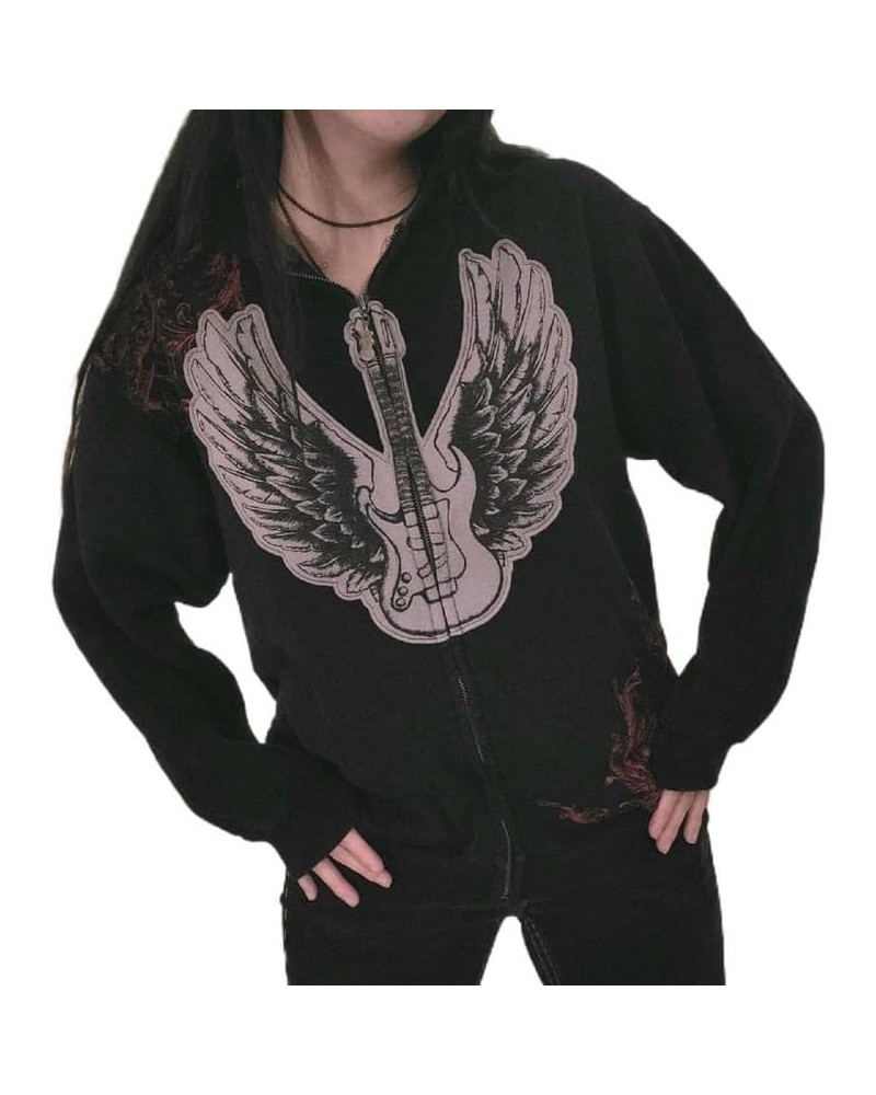 Women Graphic Zip Up Crop Hoodie Vintage Skull Skeleton Crop Sweatshirt Aesthetic Long Sleeve Jacket Wings Print Black $10.39...