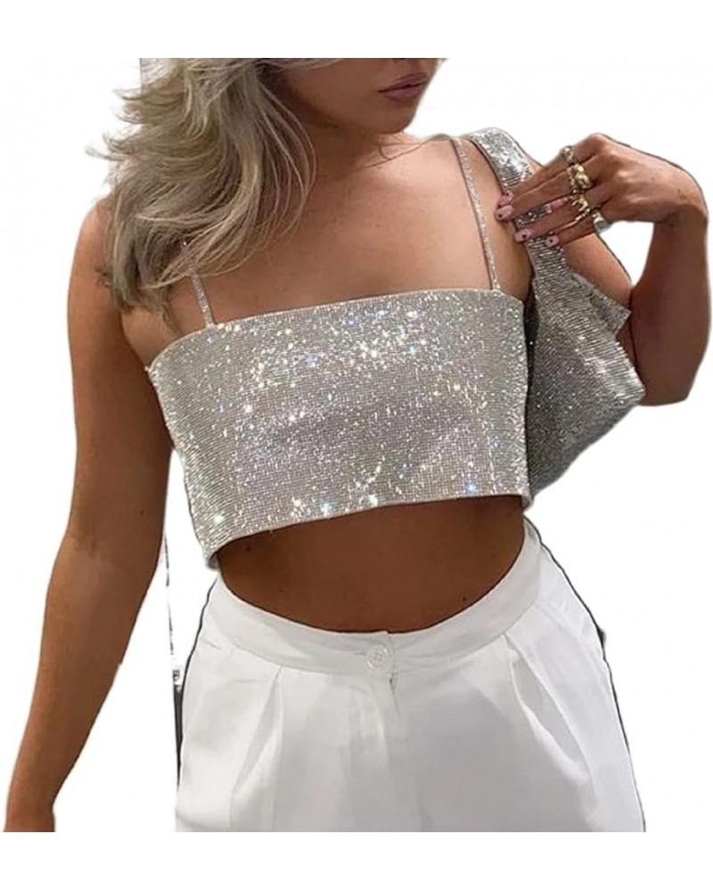 Women Sequin Crop Top Sparkly Crystal Tank Top Shiny Rhinestone Spaghetti Strap Tank Corset Sexy Clubwear Rave Outfit Silver ...