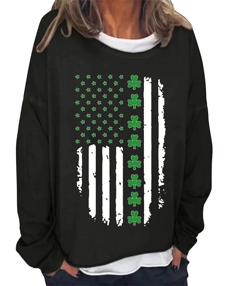 Women’s Shamrock American Flag Sweatshirt St.Patrick'S Day Irish Print Long Sleeve Loose Casual Pullover Shirt A1-black $11.5...