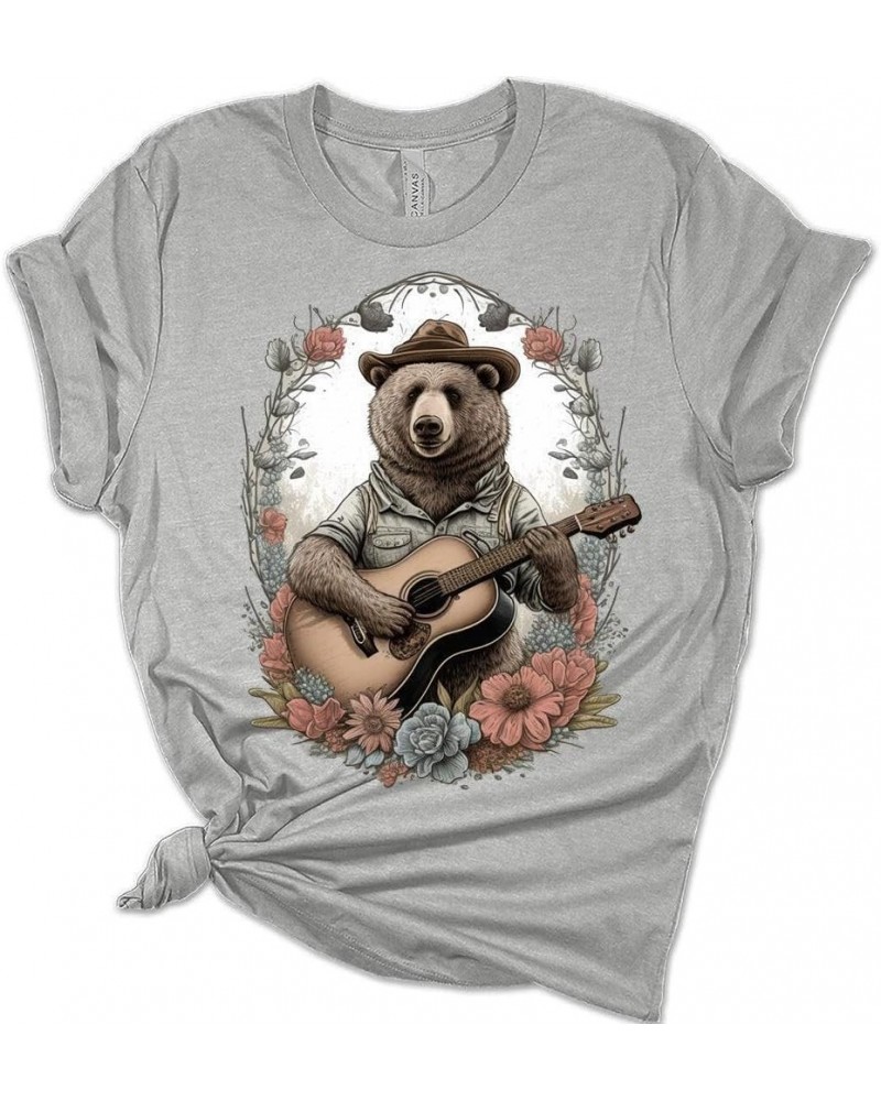 Womens Cottagecore Shirt Bear Playing Guitar T-Shirt Cute Floral Graphic Tee Short Sleeve Top Athletic Heather $14.81 Activewear