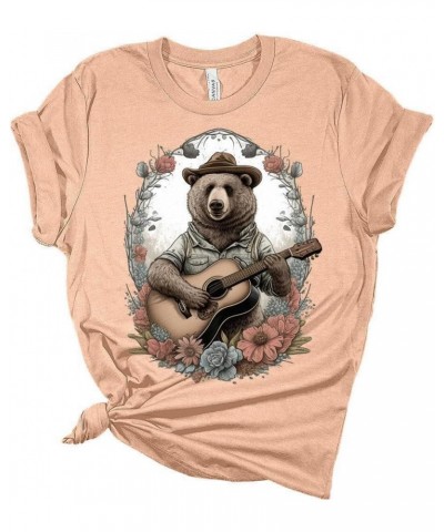 Womens Cottagecore Shirt Bear Playing Guitar T-Shirt Cute Floral Graphic Tee Short Sleeve Top Athletic Heather $14.81 Activewear