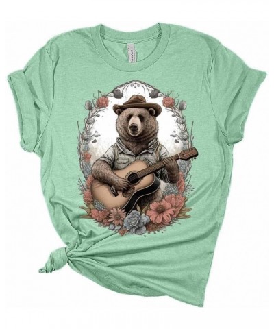 Womens Cottagecore Shirt Bear Playing Guitar T-Shirt Cute Floral Graphic Tee Short Sleeve Top Athletic Heather $14.81 Activewear