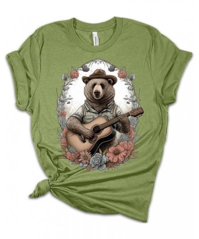 Womens Cottagecore Shirt Bear Playing Guitar T-Shirt Cute Floral Graphic Tee Short Sleeve Top Athletic Heather $14.81 Activewear