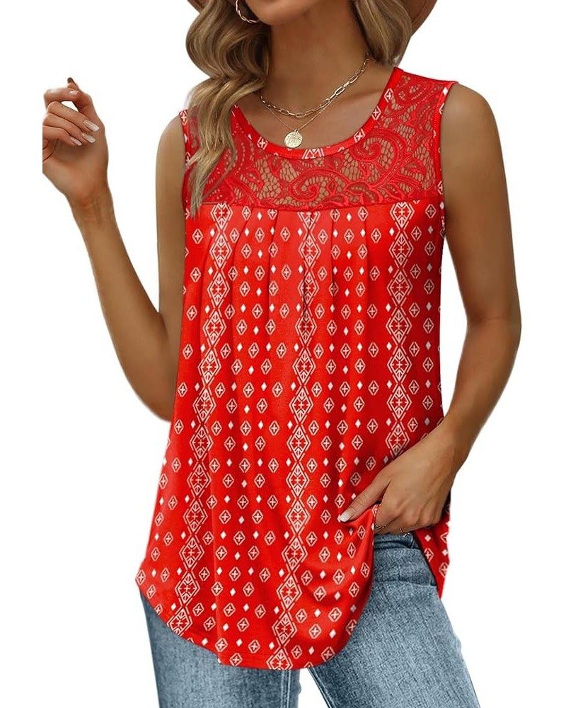 Summer Tank Tops for Women Loose Fit Pleated Tunics Scoop Neck Sleeveless Lace Tops Curved Hem Flowy 16-floral Red $13.76 Tanks