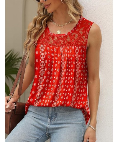 Summer Tank Tops for Women Loose Fit Pleated Tunics Scoop Neck Sleeveless Lace Tops Curved Hem Flowy 16-floral Red $13.76 Tanks