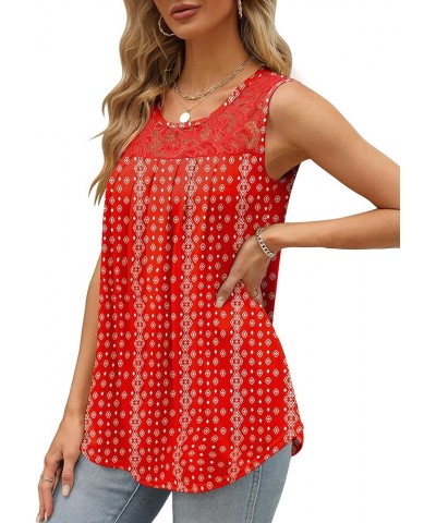 Summer Tank Tops for Women Loose Fit Pleated Tunics Scoop Neck Sleeveless Lace Tops Curved Hem Flowy 16-floral Red $13.76 Tanks