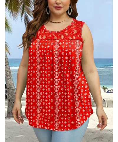 Summer Tank Tops for Women Loose Fit Pleated Tunics Scoop Neck Sleeveless Lace Tops Curved Hem Flowy 16-floral Red $13.76 Tanks