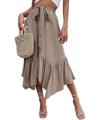 Women's Summer Casual Flowy Ruffled Handkerchief Hemline Midi Skirt Khaki $16.19 Skirts